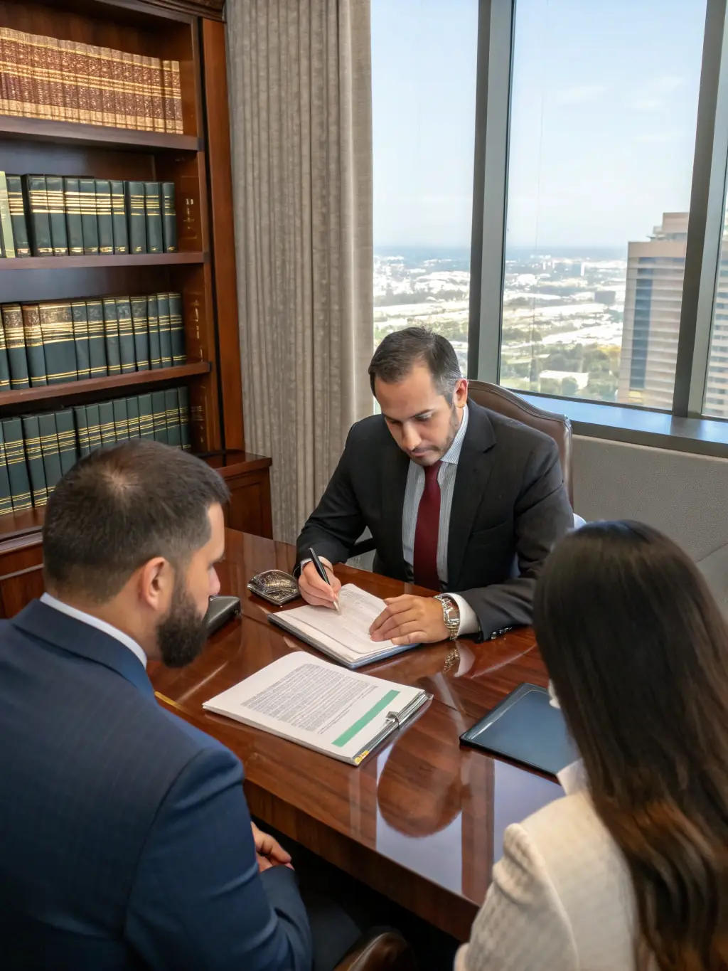 An image showing a lawyer explaining legal options to an individual client in a bright, modern office.