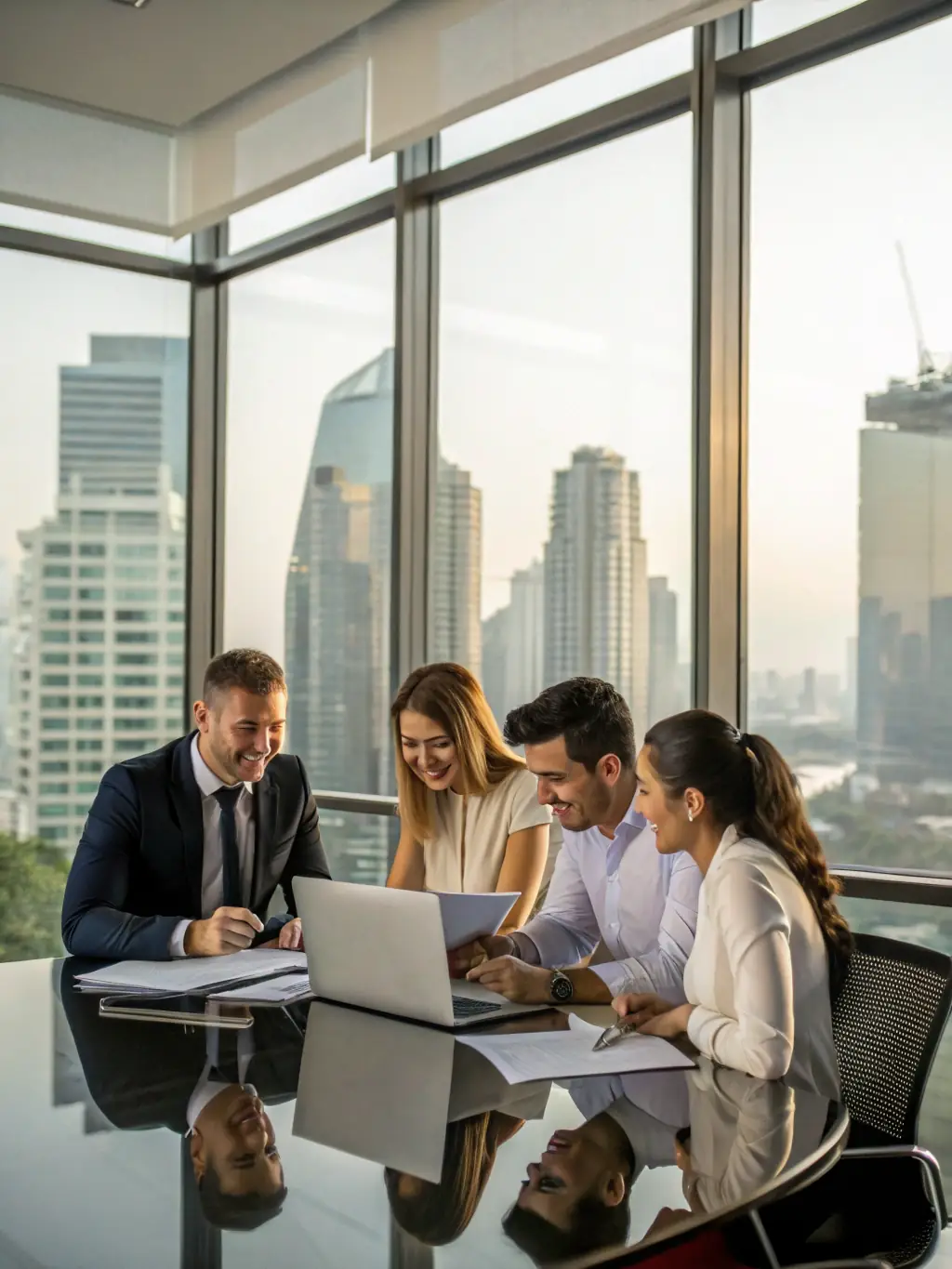 An image of a diverse team of legal professionals collaborating in a modern office, representing teamwork and expertise.