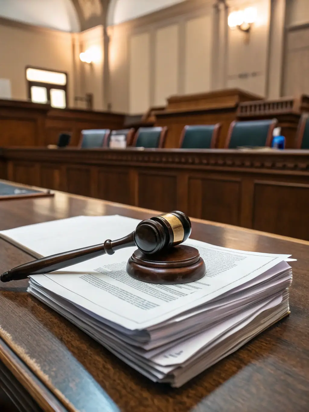 An image of a gavel striking a sound block in a courtroom, symbolizing legal action and justice.